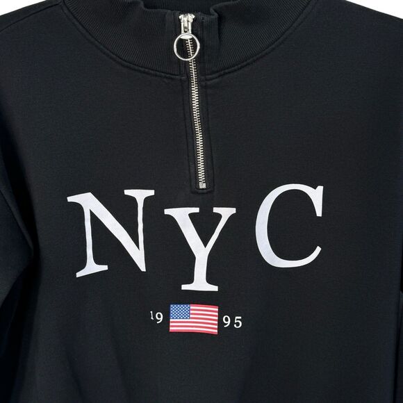 H&M Girls SZ 14Y Crop Sweatshirt "NYC" Zip Long Sleeve Stretch Black - Picture 2 of 5